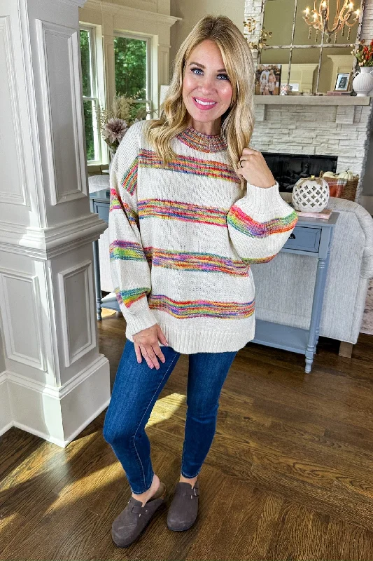 Multi Color Ombre Striped Cream Knit Sweater