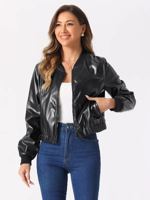 PU Faux Leather Zip Up Cropped Moto Biker Bomber Jacket