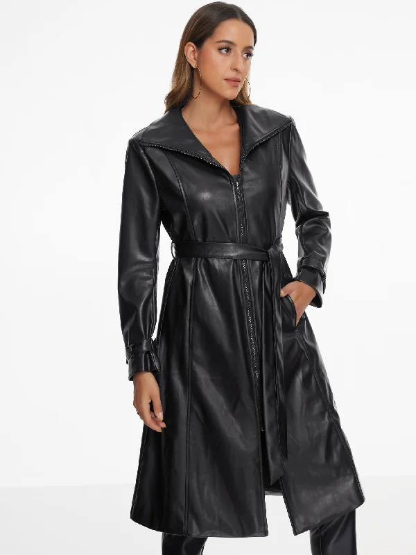 Faux Leather Long Sleeve Zipper Belted Casual Long Jacket