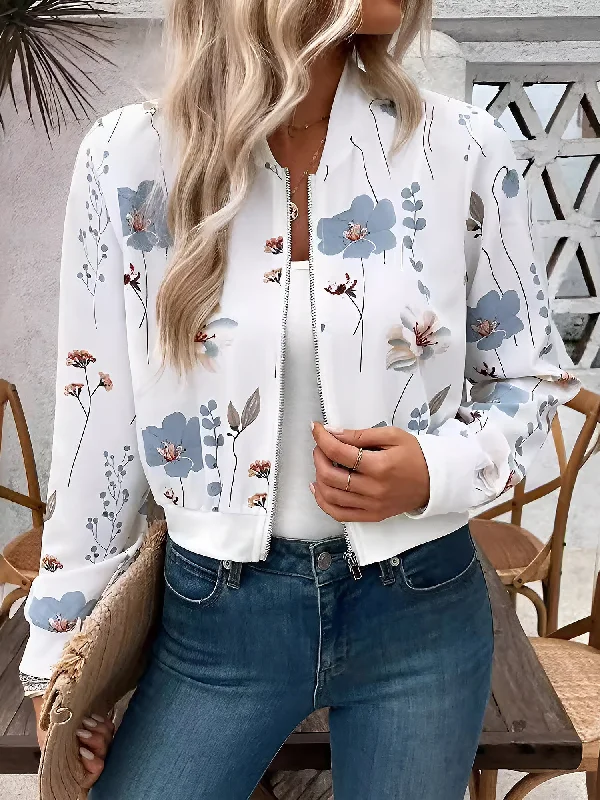 Long Sleeves Floral Zipper Front Cropped Bomber Jacket