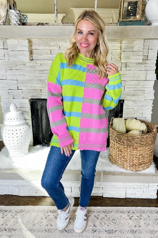 Pink/Lime Green Color Block Striped Exposed Seam Sweater