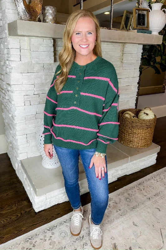 Pink Striped Henley Button Down Hunter Green Sweater