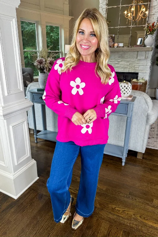 Retro Flower Viscose Sweater in Magenta