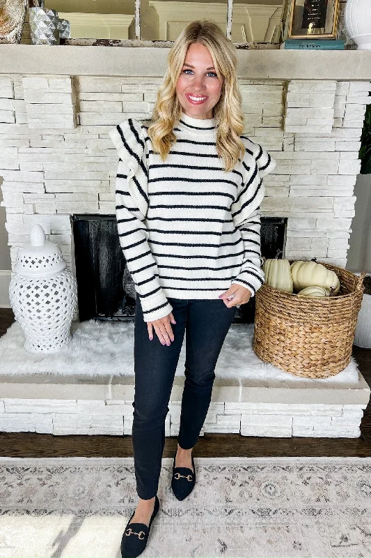 Ribbed Ruffle Sleeve Soft Striped Knit Sweater in Ivory