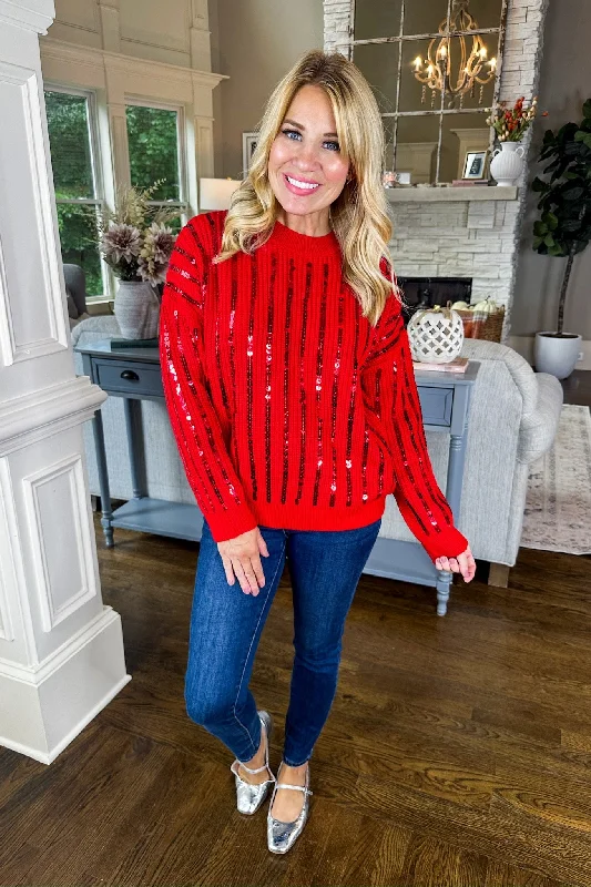 Sequin Striped Drop Shoulder Knit Sweater in Red