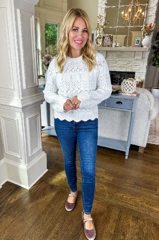 Soft Ivory Scallop Trimmed Crochet Knit Sweater