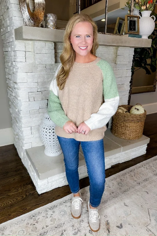 Soft Knit Throw On & Go Taupe Mix Color Block Sweater