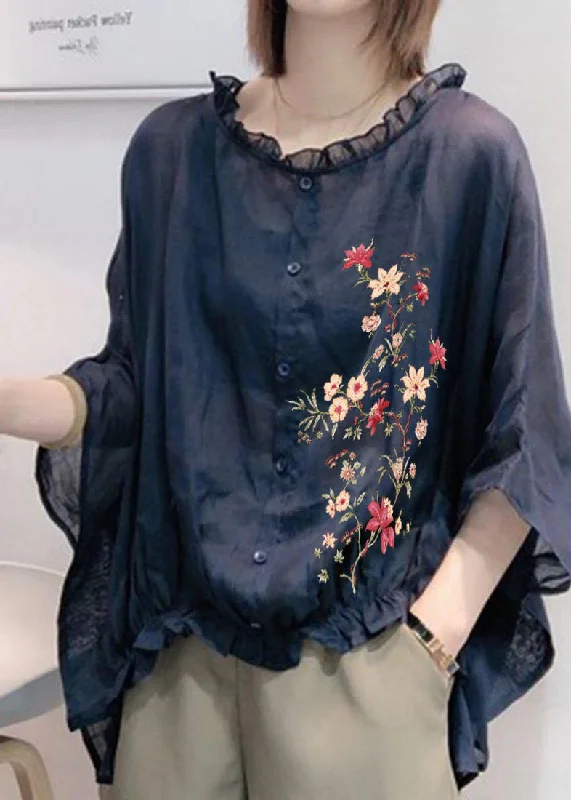 Art Navy-flower Tops Ruffles Trim Half Sleeve Shirts Blouse