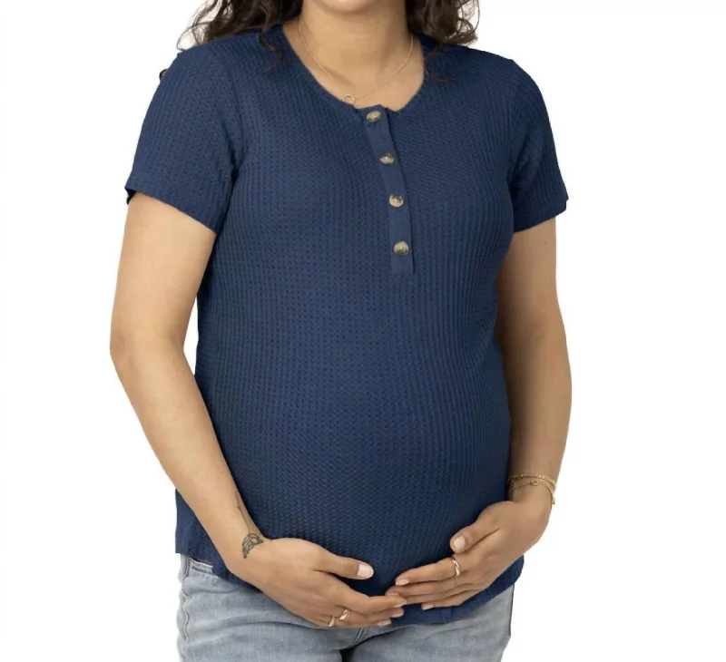 Bamboo Waffle Nursing & Maternity Henley Shirt In Navy