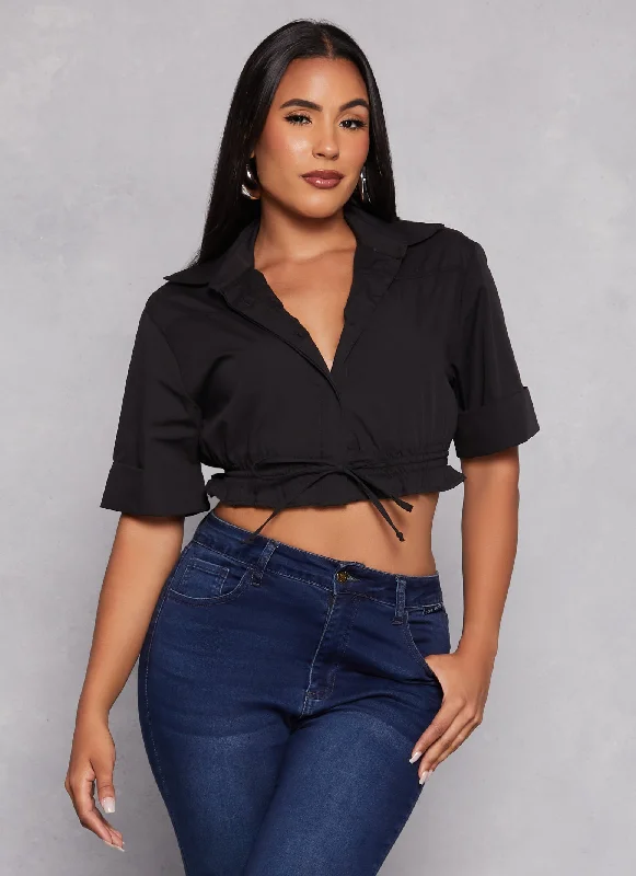 Poplin Button Front Drawstring Hem Shirt