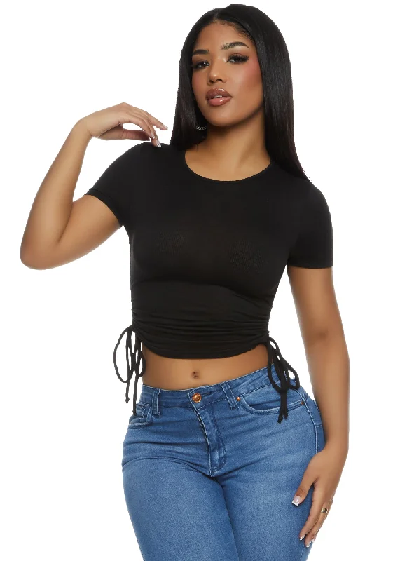 Ribbed Crew Neck Ruched Side T Shirt