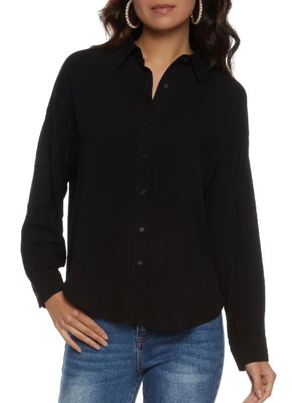 Solid Long Sleeve Button Front Shirt