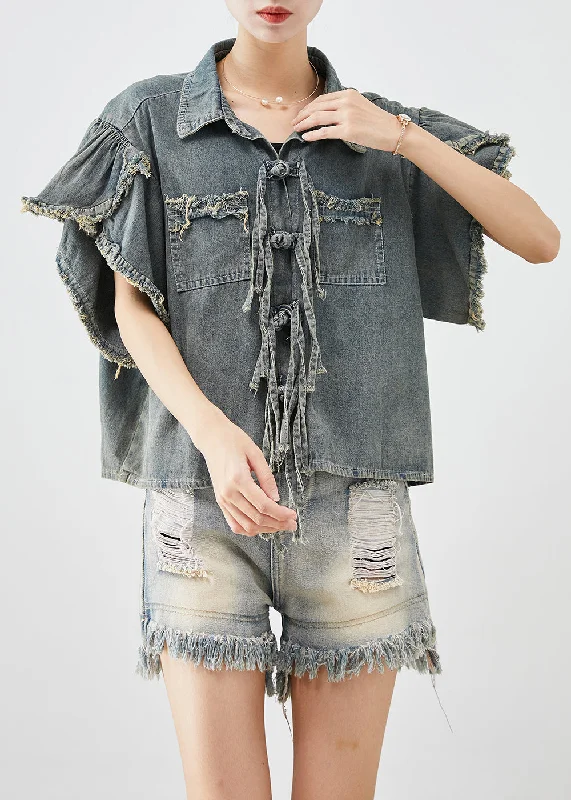 Boutique Blue Grey Chinese Button Denim Shirt Top Butterfly Sleeve