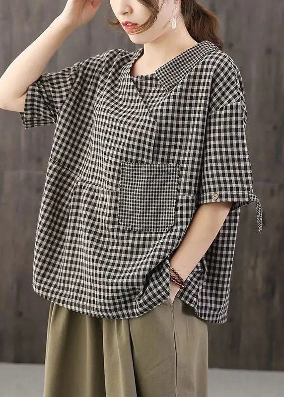 Casual Black Plaid Pockets Patchwork Cotton T Shirt Top Summer