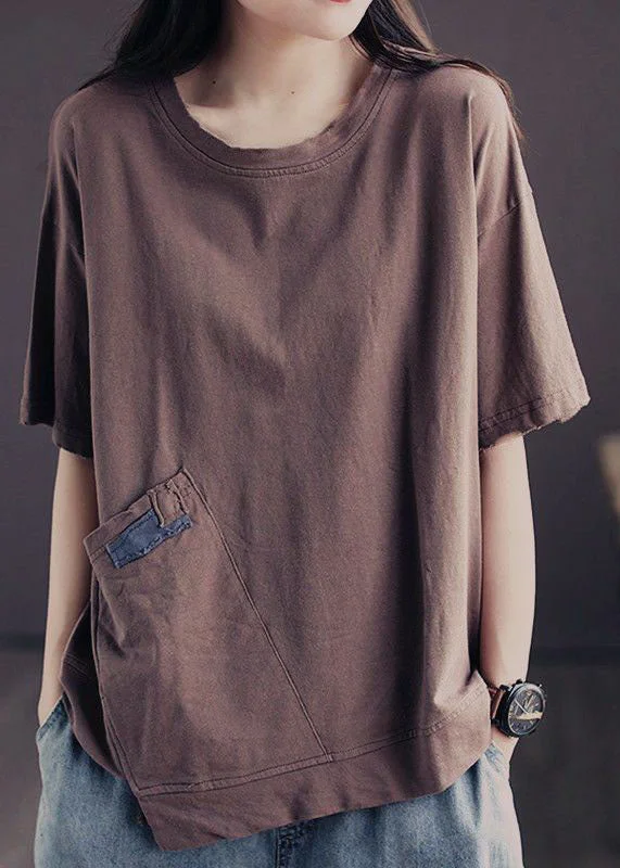 Casual Coffee O Neck Pockets Patchwork Cotton T Shirt Tops Summer