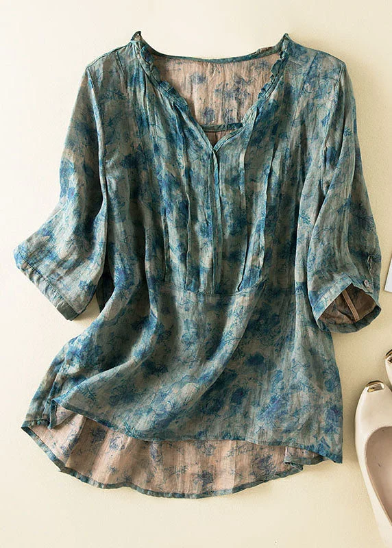 Chic Blue Ruffled Print Patchwork Linen Shirts Top Summer