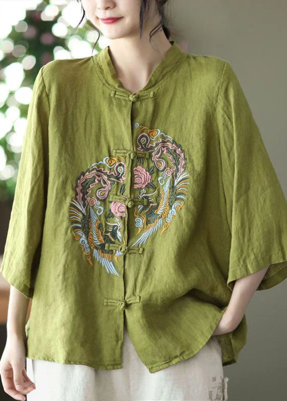 Chinese Style Green Embroideried Button Patchwork Cotton Shirt Tops Summer