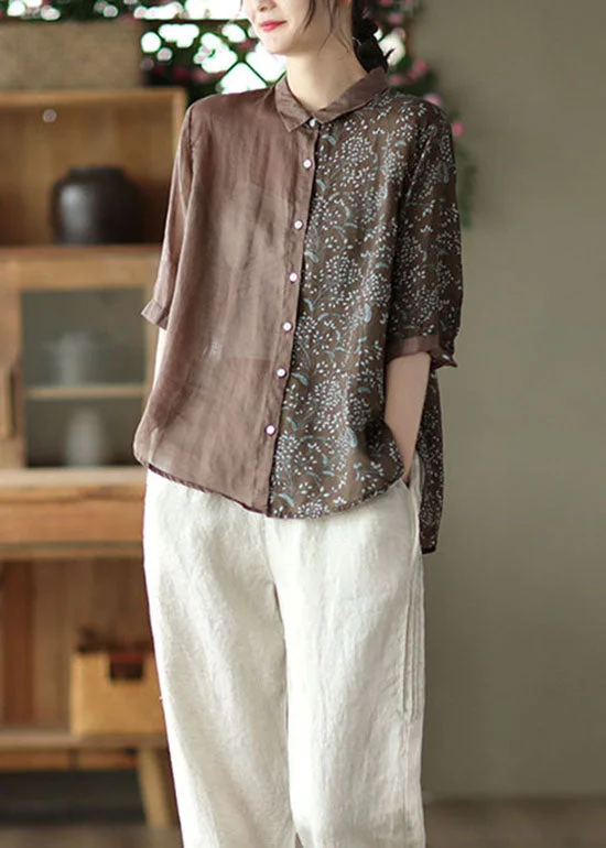 Coffee Print Patchwork Linen Shirts Peter Pan Collar Button Half Sleeve