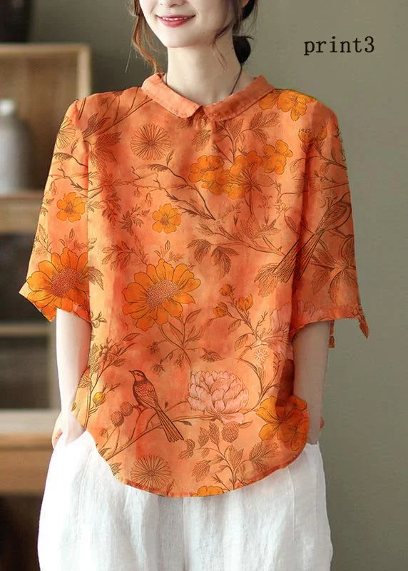 DIY Orange Print3  Ramie Half Sleeve Shirt Summer