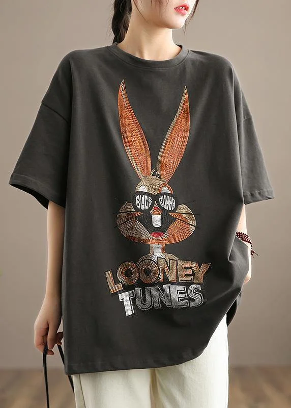 Elegant Gray Rabbit Pattern Clothes For Women O neck Half Sleeve Loose Spring Shirts