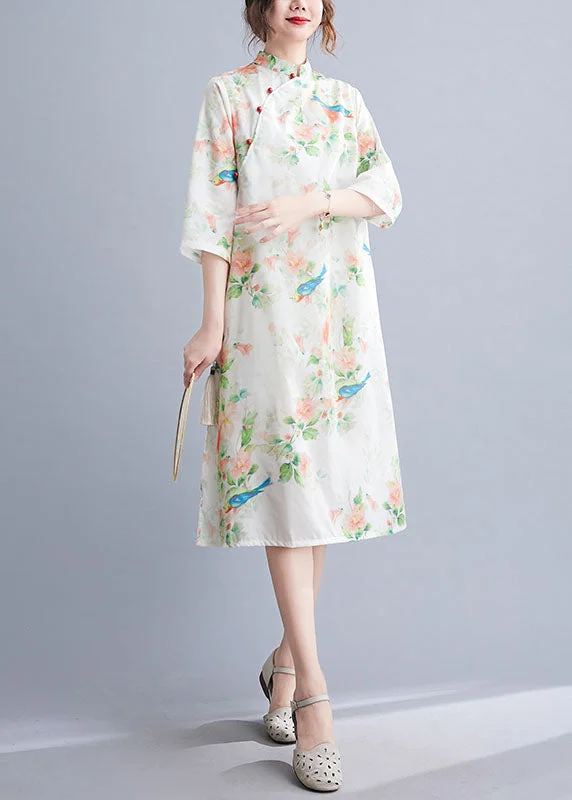 Elegant O-Neck Half Sleeve Top Sewing Green Bird Print Shirt