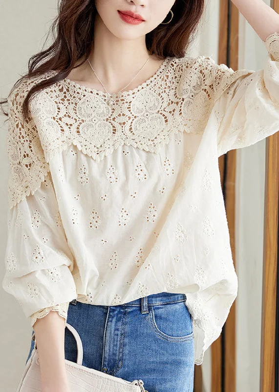 French Apricot Hollow Out Lace Patchwork Cotton Shirts Top Spring