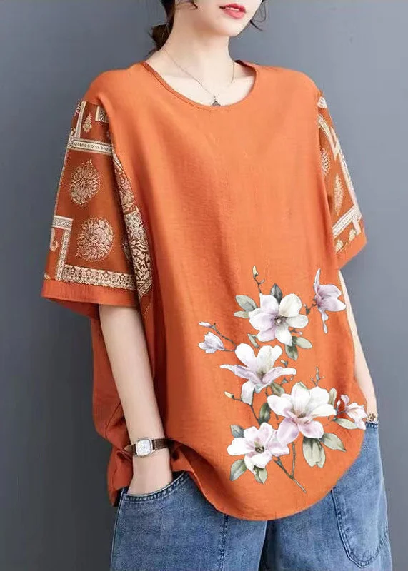 Handmade Orange O Neck Print Patchwork Linen T Shirts Half Sleeve