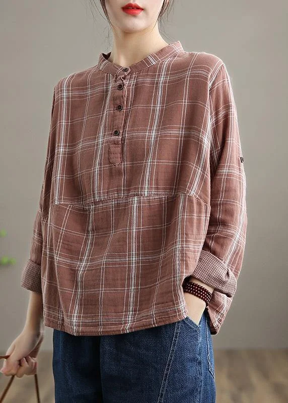 Handmade Stand Collar Spring Tops Women Outfits Pink Plaid Shirts