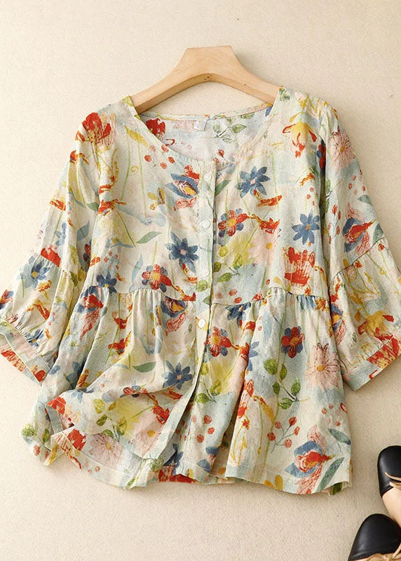 Italian Floral Wrinkled Button Patchwork Linen T Shirts Summer