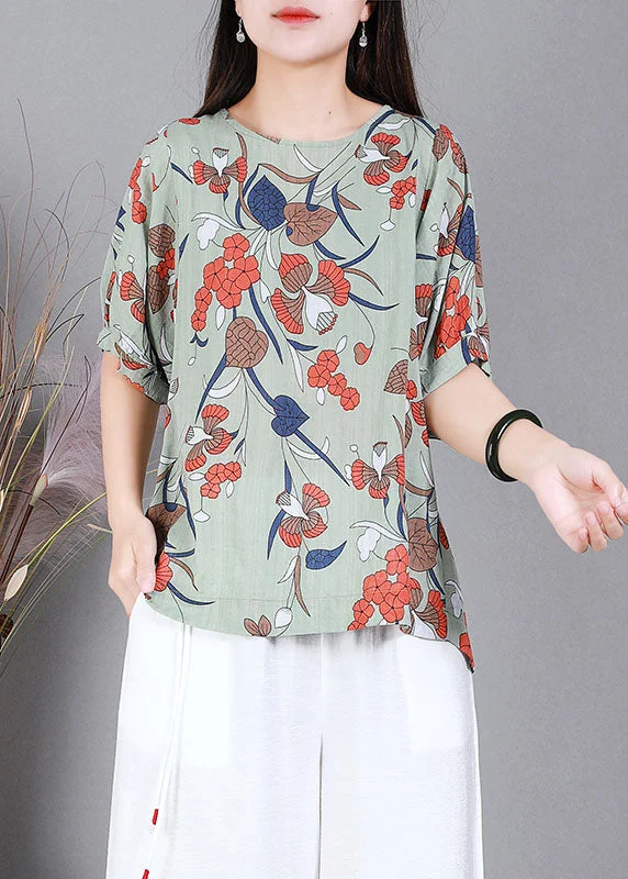 Italian Green O-Neck Print Cotton Shirt Top Half Sleeve