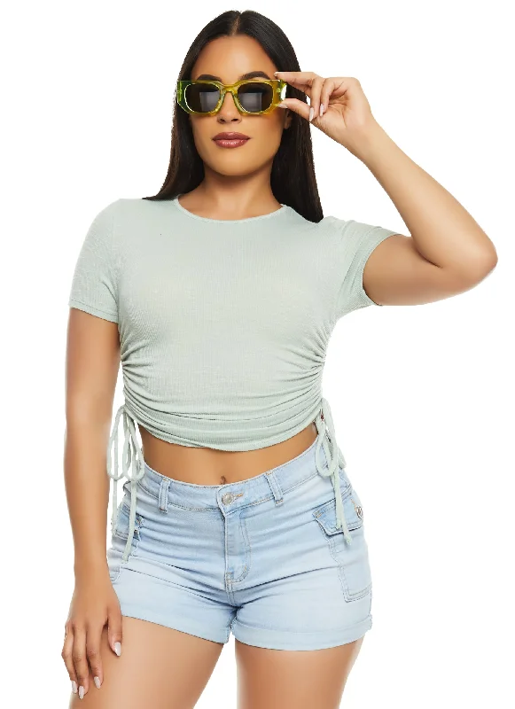 Ribbed Crew Neck Ruched Side T Shirt