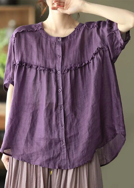 Loose Purple Ruffled Button Patchwork Cotton Shirts Top Summer