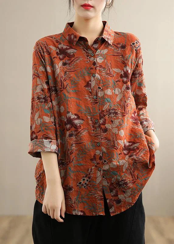 Modern Lapel Button Down Spring Top Silhouette Photography Orange Print Shirts