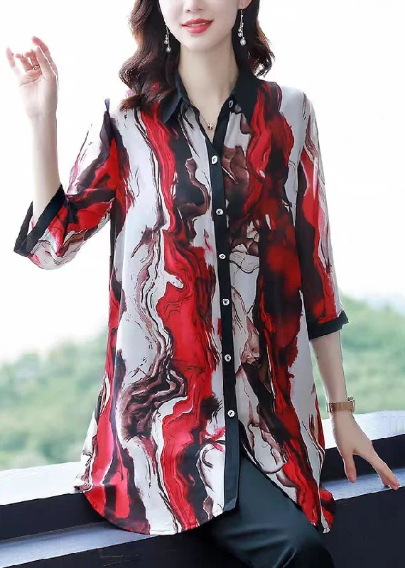 New Red Peter Pan Collar Print Button Patchwork Chiffon Shirts Bracelet Sleeve