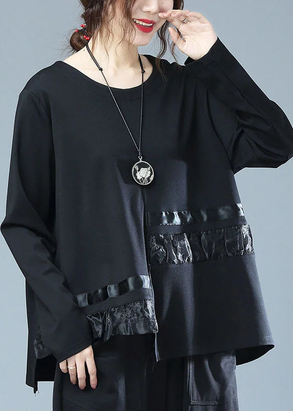 Novelty Black O Neck Asymmetrical Design Patchwork Cotton T Shirt Long Sleeve