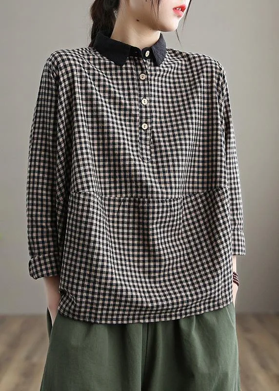 Organic Lapel Patchwork Spring Clothes Shape Black Plaid Shirts