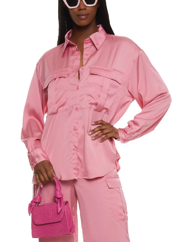 Satin Button Front Cargo Pocket Shirt