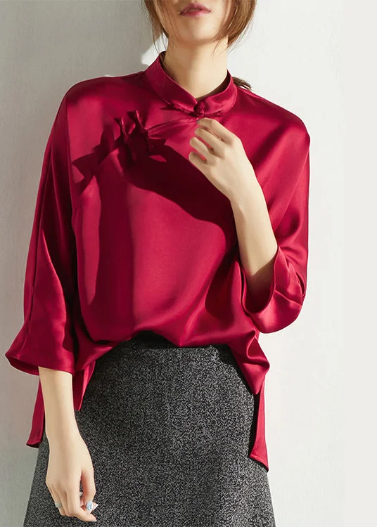 Red Mandarin Collar side open Silk Shirt Three Quarter Sleeve