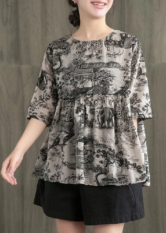 Retro Grey O Neck Print Wrinkled Patchwork Cotton Shirt Top Summer