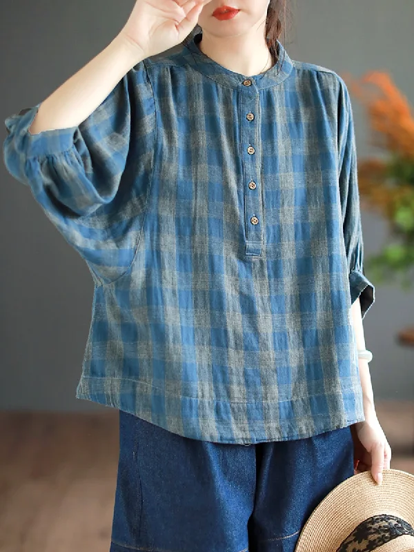 Retro Plaid Button Batwing Sleeve Cotton Shirt