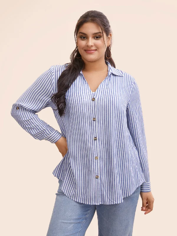 Shirt Collar Striped Tab Sleeve Blouse