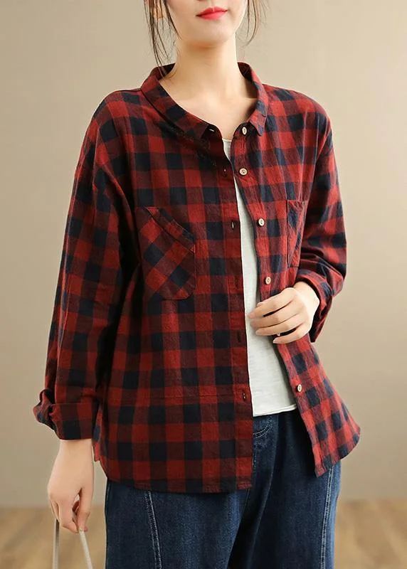 Pockets Spring Blouse Tops Red Plaid Shirts