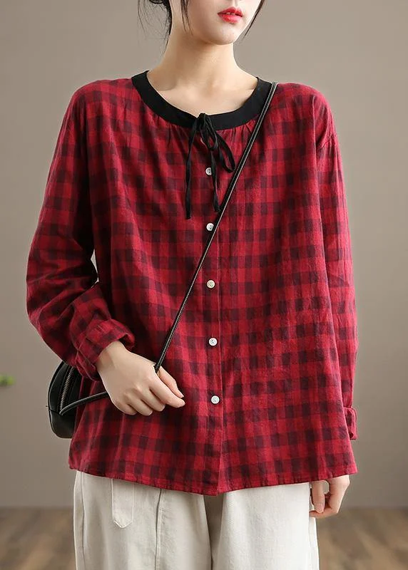 Spring Red Plaid Linen Shirt Blouse