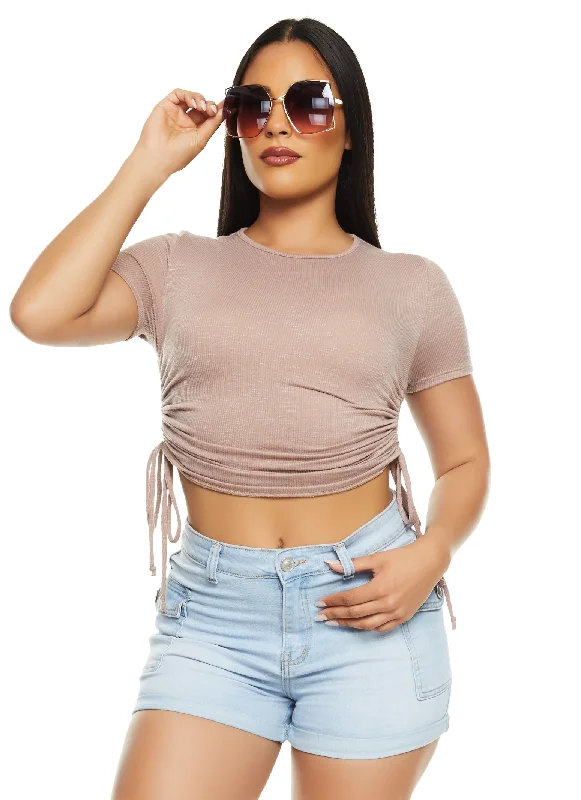 Ribbed Crew Neck Ruched Side T Shirt