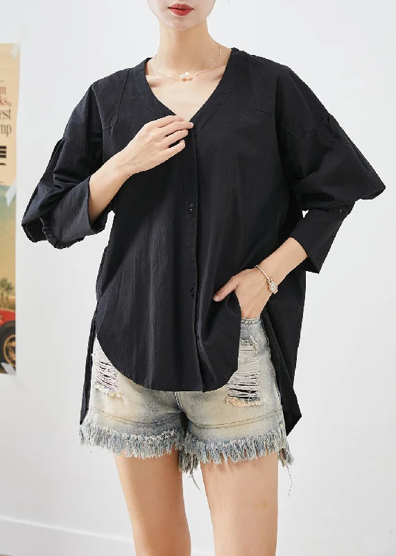 Unique Black Heart Neck Low High Design Cotton Shirt Top Fall