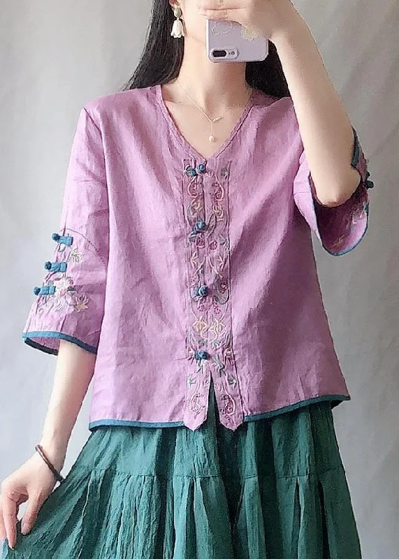 Vintage Purple Embroideried Chinese Button Patchwork Linen Shirt Top Summer