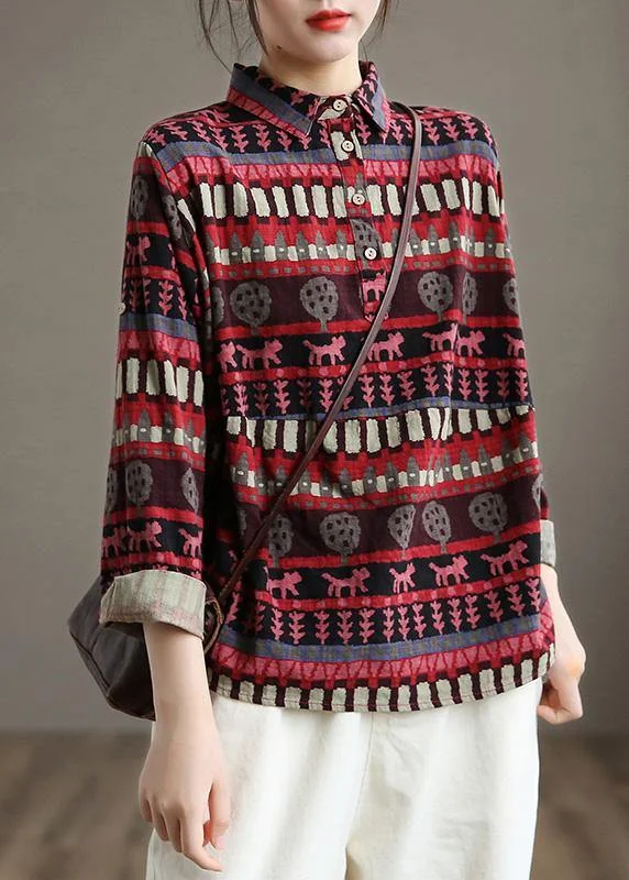 Women Red Ethnic Style Top Silhouette Lapel Loose Spring Shirt