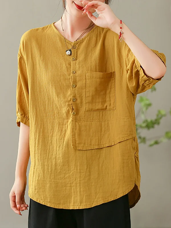 Women Summer Solid Vintage Pocket Spliced Loose Shirt