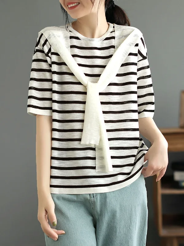 Women Summer Stripe Casual Fake Two Pieces Shirt