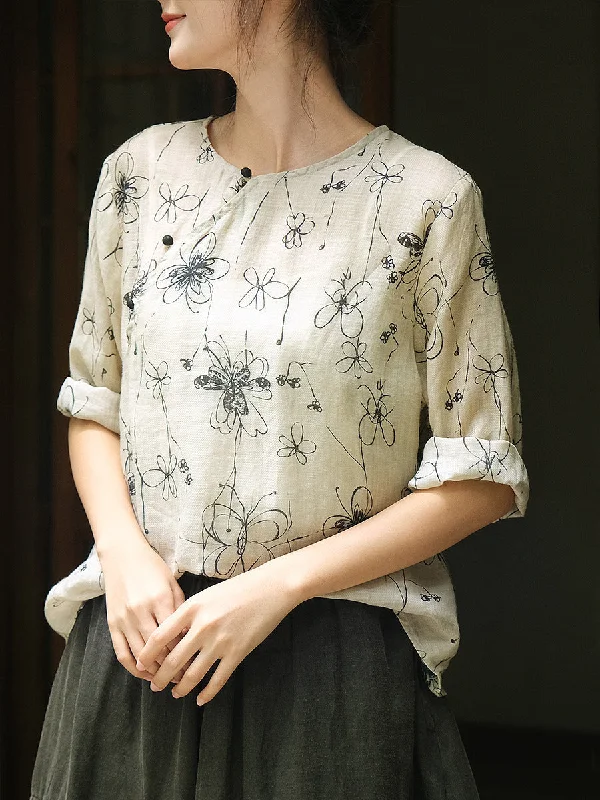 Women Summer Vintage Flower Button Ramie Shirt